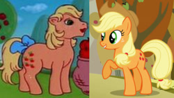 Size: 1280x720 | Tagged: safe, artist:megalobronia, imported from derpibooru, screencap, applejack, applejack (g1), fall weather friends, my little pony 'n friends, rescue at midnight castle, comparison, cropped, g1, low quality, lowres