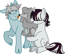 Size: 2290x1889 | Tagged: safe, artist:saby, derpibooru exclusive, imported from derpibooru, oc, oc only, oc:ironwood atlas, oc:morse code, dog, pony, poodle, unicorn, derpibooru community collaboration, 2022 community collab, carrying, cloven hooves, colored, eyes closed, face licking, flat colors, hair over eyes, holding, horse heresy, licking, male, one ear down, raised hoof, simple background, sitting, smiling, stallion, standing, tongue out, transparent background, trio, trio male, vector