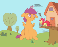 Size: 1200x965 | Tagged: artist needed, source needed, safe, imported from derpibooru, apple bloom, scootaloo, sweetie belle, earth pony, pegasus, pony, unicorn, butt, clubhouse, crusaders clubhouse, cutie mark crusaders, female, filly, foal, giant pony, growth, macro, plot, potion, scootaloo can't fly, scootaloo is not amused, unamused