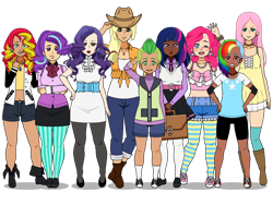 Size: 800x600 | Tagged: safe, artist:flowerpower138, imported from derpibooru, applejack, fluttershy, pinkie pie, rainbow dash, rarity, spike, starlight glimmer, sunset shimmer, twilight sparkle, human, boots, clothes, cowboy boots, dark skin, humanized, kisekae, mane seven, mane six, shoes, simple background, socks, striped socks, transparent background