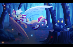 Size: 2476x1593 | Tagged: safe, artist:_ladybanshee_, artist:lady--banshee, imported from derpibooru, oc, oc only, pegasus, pony, forest, heterochromia, night, solo, tree stump