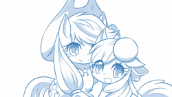 Size: 854x480 | Tagged: safe, artist:hashioaryut, imported from derpibooru, apple bloom, applejack, earth pony, pony, adorabloom, apple sisters, cute, duo, female, filly, foal, head pat, jackabetes, mare, monochrome, pat, siblings, sisters