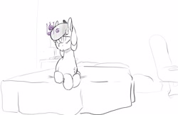 Size: 2044x1324 | Tagged: safe, artist:storyteller, oc, oc only, pony, bed, computer chair, eareth pony, lamp, monochrome, pillow, waking up