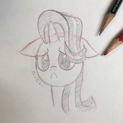 Size: 1048x1048 | Tagged: safe, artist:huodx, starlight glimmer, pony, unicorn, colored pencils, frown, sad, simple background, traditional art