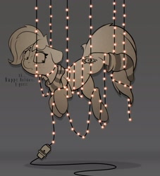 Size: 2521x2773 | Tagged: safe, artist:rexyseven, oc, oc only, earth pony, pony, christmas, christmas lights, clothes, freckles, gray background, holiday, monochrome, scarf, simple background, stuck, tangled up