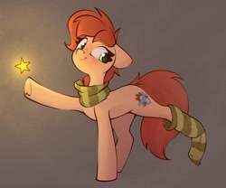 Size: 1286x1071 | Tagged: safe, artist:rexyseven, oc, oc only, oc:rusty gears, earth pony, pony, clothes, female, freckles, gray background, mare, scarf, simple background, smiling, sock, stars