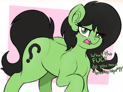 Size: 2281x1716 | Tagged: safe, artist:czu, oc, oc:filly anon, earth pony, pony, angry, blushing, breeding hips, ear fluff, female, filly, mare, open mouth, raised hoof, simple background, talking