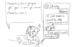 Size: 2564x1656 | Tagged: safe, artist:manicpanda, derpy hooves, twilight sparkle, pony, unicorn, computer, git, git gud, laptop computer, monochrome, panicking, sketch, texts