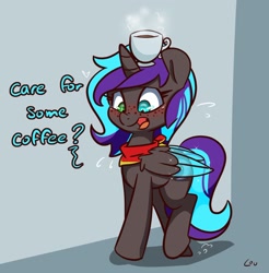 Size: 1500x1527 | Tagged: safe, artist:lou, oc, oc only, alicorn, pony, alicorn oc, balancing, blushing, coffee, horn, looking down, mug, simple background, walking, wings