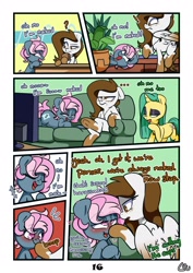 Size: 1800x2541 | Tagged: safe, artist:lou, oc, oc only, earth pony, pegasus, pony, unicorn, comic:the roomates, blushing, boop, comic, couch, frown, open mouth, question mark, smiling, talking, television