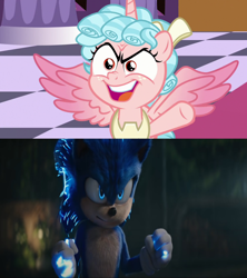 Size: 1920x2160 | Tagged: safe, edit, edited screencap, imported from derpibooru, screencap, cozy glow, alicorn, hedgehog, pony, season 9, the ending of the end, spoiler:s09, alicornified, comparison, cozycorn, race swap, sonic movie 2020, sonic the hedgehog, sonic the hedgehog (series), sonic the hedgehog 2