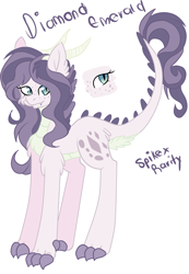 Size: 2076x3000 | Tagged: safe, artist:iheyyasyfox, imported from derpibooru, oc, oc only, oc:diamond emerald, dracony, dragon, hybrid, pony, chest fluff, claws, female, horns, interspecies offspring, mare, offspring, parent:rarity, parent:spike, parents:sparity, simple background, white background