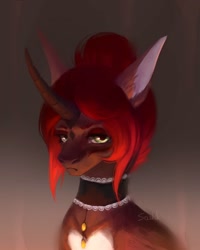 Size: 1080x1350 | Tagged: safe, artist:inarimayer, imported from derpibooru, oc, oc only, pony, unicorn, bust, choker, frown, horn, solo, unicorn oc