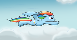 Size: 4000x2080 | Tagged: safe, artist:trash anon, imported from ponybooru, imported from twibooru, rainbow dash, pegasus, pony, cloud, cutie mark, determined, female, floppy ears, flying, image, mare, needs more jpeg, sky, smiling, solo