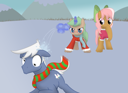 Size: 1500x1100 | Tagged: safe, artist:mightyshockwave, imported from derpibooru, oc, oc:flicker, oc:ginger snap, oc:silver lining, earth pony, pony, unicorn, bow, clothes, derp, hair bow, magic, scarf, snow, snowball, striped scarf, telekinesis, winter, winter clothes, winter outfit