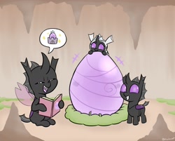 Size: 1828x1472 | Tagged: safe, artist:heretichesh, imported from derpibooru, oc, oc only, changeling, changeling larva, book, cave, changeling egg, changeling oc, cute, cuteling, egg, eyes closed, grin, grub, hoof hold, jewelry, nest, open mouth, open smile, pictogram, purple changeling, reading, smiling, sparkles, speech bubble, tiara, trio