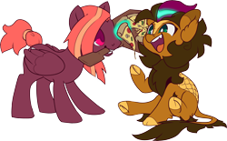 Size: 3552x2200 | Tagged: safe, artist:jennithedragon, imported from derpibooru, oc, oc only, oc:earthen spark, oc:shrimp scampi, kirin, pegasus, pony, derpibooru community collaboration, 2022 community collab, duo, ear fluff, fangs, food, high res, kirin oc, looking at someone, looking at something, magic, mouth hold, open mouth, pegasus oc, pizza, raised hoof, simple background, sitting, telekinesis, transparent background, two toned mane, underhoof
