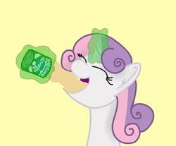 Size: 1150x950 | Tagged: safe, artist:kanw, imported from derpibooru, sweetie belle, pony, unicorn, condensed milk, cute, diasweetes, drinking, eyes closed, magic, older, older sweetie belle, simple background, solo, telekinesis