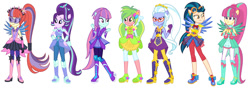 Size: 1280x451 | Tagged: safe, artist:sarahalen, imported from derpibooru, indigo zap, lemon zest, moondancer, sour sweet, starlight glimmer, sugarcoat, sunny flare, equestria girls, alternate universe, boots, clothes swap, cowboy boots, crystal guardian, crystal wings, equestria girls-ified, high heel boots, magical geodes, shadow five, shoes, simple background, white background, wings