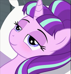 Size: 611x634 | Tagged: safe, artist:culu-bluebeaver, imported from derpibooru, starlight glimmer, pony, unicorn, comic:the newcomer, bedroom eyes, bust, female, mare, s5 starlight, smiling, solo