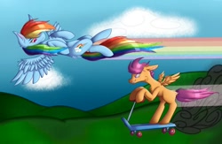Size: 1294x844 | Tagged: safe, artist:gremlingraveyard, imported from derpibooru, rainbow dash, scootaloo, pegasus, pony, blank flank, duo, female, filly, flying, foal, grin, mare, racing, rainbow trail, scooter, smiling