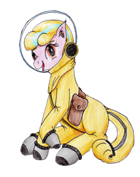 Size: 2679x3393 | Tagged: safe, artist:40kponyguy, derpibooru exclusive, edit, editor:nc-tv, imported from derpibooru, oc, oc only, oc:puppysmiles, earth pony, derpibooru community collaboration, fallout equestria, fallout equestria: pink eyes, 2022 community collab, background removed, bag, clothes, cute, ear fluff, fanfic art, female, filly, foal, high res, looking at you, radiation suit, raised hoof, saddle bag, simple background, solo, traditional art, transparent background