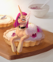 Size: 1700x2000 | Tagged: safe, artist:inarimayer, imported from derpibooru, oc, oc only, pony, unicorn, blushing, board, bust, choker, collar, dessert, ear fluff, female, food, horn, mare, micro, pie, plate, smiling, solo, sprinkles, table, tart, unicorn oc