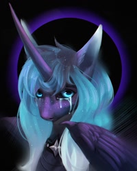 Size: 1080x1350 | Tagged: safe, artist:inarimayer, imported from derpibooru, oc, oc only, alicorn, pony, alicorn oc, black sclera, bust, crying, female, horn, mare, solo, wings