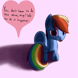 Size: 2053x2053 | Tagged: safe, artist:librarylonging, imported from derpibooru, rainbow dash, pegasus, pony, dialogue, heart, high res, looking at you, open mouth, raised hoof, sitting, solo, talking, talking to viewer, text, underhoof