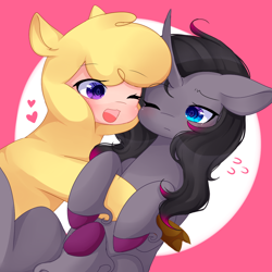 Size: 1000x1000 | Tagged: dead source, safe, artist:dddreamdraw, imported from derpibooru, unicorn, them's fightin' herds, blushing, community related, cute, daaaaaaaaaaaw, duo, female, hug, lesbian, oleander (tfh), one eye closed, open mouth, papreander, paprika (tfh), shipping