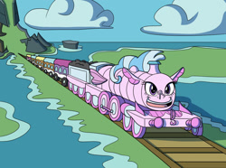 Size: 1024x763 | Tagged: safe, artist:sergeant16bit, imported from derpibooru, silverstream, coach, commission, inanimate tf, living object, mount aris, smiling, tracks, train, trainified, transformation, vehicle