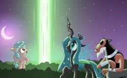 Size: 3000x1857 | Tagged: safe, artist:aleximusprime, imported from derpibooru, cozy glow, lord tirek, queen chrysalis, centaur, changeling, changeling queen, pegasus, pony, taur, flurry heart's story, beam, blast, fanfic in the description, female, forest, looking up, magic, magic blast, male, moon, night