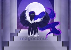 Size: 2048x1431 | Tagged: safe, artist:magoconut, imported from derpibooru, princess luna, alicorn, pony, armor, horn, jewelry, looking at you, mago loves stairs, moon, moonlight, night, night sky, palace, regalia, silver, sky, solo, spread wings, stairs, stars, watermark, wing armor, wings