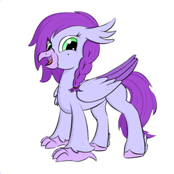 Size: 3000x3000 | Tagged: safe, artist:solos, imported from derpibooru, oc, oc only, oc:aella breeze, hippogriff, beak, braid, eye clipping through hair, feather, freckles, high res, hippogriff oc, hooves, looking at you, open mouth, open smile, simple background, smiling, smiling at you, solo, talons, white background, wings