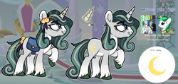 Size: 1280x608 | Tagged: safe, artist:saltytangerine, imported from derpibooru, clover the clever, star swirl the bearded, oc, oc:mystic the wise, unicorn, bag, bells, body markings, bow, cloverswirl, ear piercing, earring, glowing, glowing horn, gray coat, green hair, green mane, horn, horn ring, jewelry, next generation, offspring, parent:clover the clever, parent:star swirl the bearded, parents:cloverswirl, piercing, purple eyes, reference sheet, ring, saddle bag, shipping, tail, tail bow, unicorn oc, unshorn fetlocks