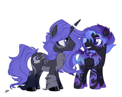 Size: 6277x5000 | Tagged: safe, alternate version, artist:princessmoonsilver, imported from derpibooru, oc, oc only, oc:moonlight chaser, oc:stardust chaser, pegasus, pony, unicorn, absurd resolution, colored wings, duo, duo male, grin, horn, looking at each other, looking at someone, male, multicolored wings, pegasus oc, simple background, smiling, smiling at each other, stallion, transparent background, unicorn oc, wings