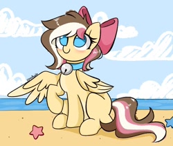 Size: 1024x866 | Tagged: safe, artist:kittyrosie, imported from derpibooru, oc, oc only, oc:neapolitan sunrise, pegasus, pony, starfish, beach, bell, bow, cloud, collar, cute, female, hair bow, mare, ocean, signature, sitting, solo, water, wings