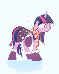 Size: 1600x2000 | Tagged: safe, artist:manicpanda, imported from derpibooru, twilight sparkle, pony, unicorn, annoyed, clothes, coat, female, floppy ears, mare, messy mane, no mouth, raised hoof, scarf, shoes, snow, snowball, snowball fight, solo, striped scarf, throwing, unamused, unicorn twilight