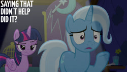 Size: 1280x720 | Tagged: safe, edit, edited screencap, editor:quoterific, imported from derpibooru, screencap, trixie, twilight sparkle, alicorn, pony, unicorn, no second prances, season 6, duo, duo female, female, frown, mare, open mouth, raised hoof, twilight sparkle (alicorn), twilight sparkle is not amused, unamused