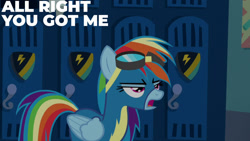 Size: 1280x720 | Tagged: safe, edit, edited screencap, editor:quoterific, imported from derpibooru, screencap, rainbow dash, pegasus, pony, grannies gone wild, season 8, spoiler:s08, clothes, female, goggles, mare, open mouth, solo, uniform, wonderbolts uniform