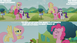 Size: 1280x720 | Tagged: safe, edit, edited screencap, editor:quoterific, imported from derpibooru, screencap, fluttershy, pinkie pie, rarity, earth pony, pegasus, pony, unicorn, putting your hoof down, season 2, bipedal, eyes closed, female, flying, mare, open mouth