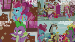 Size: 1280x720 | Tagged: safe, edit, edited screencap, editor:quoterific, imported from derpibooru, screencap, big macintosh, cup cake, discord, spike, sugar belle, draconequus, dragon, earth pony, pony, unicorn, season 9, the big mac question, spoiler:s09, eyes closed, female, male, mare, open mouth, open smile, smiling, spread wings, stallion, sugarcube corner, winged spike, wings