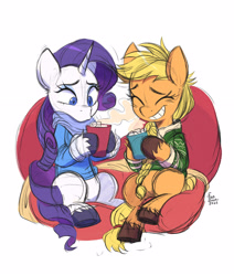 Size: 2480x2924 | Tagged: safe, artist:fanzeem, imported from derpibooru, applejack, rarity, earth pony, pony, unicorn, beanbag chair, braid, chocolate, clothes, colored hooves, cup, cute, duo, duo female, eyes closed, female, food, grin, high res, hoof hold, hot chocolate, hot drink, looking at something, mare, marshmallow, simple background, sitting, smiling, sweater, unshorn fetlocks, warm, white background