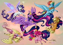 Size: 1920x1373 | Tagged: safe, artist:cigarscigarettes, artist:sk-ree, color edit, edit, imported from derpibooru, applejack, fluttershy, pinkie pie, rainbow dash, rarity, twilight sparkle, alicorn, earth pony, pegasus, pony, unicorn, the last problem, colored, group, mane six, older, older twilight, princess twilight 2.0, twilight sparkle (alicorn)