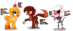 Size: 1096x480 | Tagged: safe, artist:awoomarblesoda, imported from derpibooru, fox, fox pony, hybrid, pony, robot, robot pony, animatronic, base used, black sclera, candle, chica, crossover, cupcake, eyelashes, five nights at freddy's, food, foxy, hook, mangle, ponified, raised hoof, simple background, toy chica, transparent background