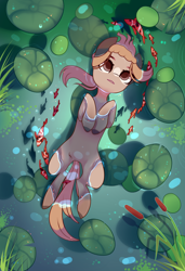 Size: 1300x1900 | Tagged: safe, alternate version, artist:nazori, imported from derpibooru, oc, oc only, earth pony, fish, pony, alternate character, cattails, commission, earth pony oc, featureless crotch, lilypad, lying down, on back, outdoors, pond, reeds, solo, water, ych result