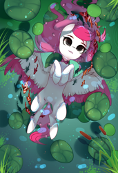 Size: 1300x1900 | Tagged: safe, alternate version, artist:nazori, imported from derpibooru, oc, oc only, fish, pegasus, pony, alternate character, cattails, colored wings, commission, featureless crotch, lilypad, lying down, on back, outdoors, pegasus oc, pond, reeds, solo, spread wings, two toned wings, water, wings, ych result