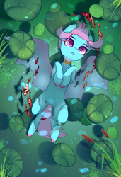 Size: 1300x1900 | Tagged: safe, alternate version, artist:nazori, imported from derpibooru, oc, oc only, bat pony, fish, pony, alternate character, bat pony oc, bat wings, cattails, commission, featureless crotch, lilypad, lying down, on back, outdoors, pond, reeds, solo, spread wings, water, wings, ych result
