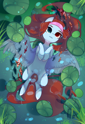 Size: 1300x1900 | Tagged: safe, alternate version, artist:nazori, imported from derpibooru, oc, oc only, fish, pegasus, pony, alternate character, cattails, commission, featureless crotch, heterochromia, lilypad, lying down, on back, outdoors, pegasus oc, pond, reeds, solo, spread wings, water, wings, ych result
