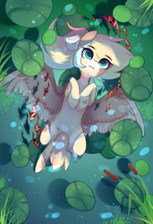 Size: 1300x1900 | Tagged: safe, alternate version, artist:nazori, imported from derpibooru, oc, oc only, fish, pegasus, pony, alternate character, cattails, commission, featureless crotch, lilypad, lying down, on back, outdoors, pegasus oc, pond, reeds, solo, spread wings, water, wings, ych result